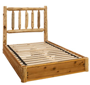 Angled view of the Grays Peak Cedar Log Platform Bed showing the spindle headboard and slatted platform base without mattress