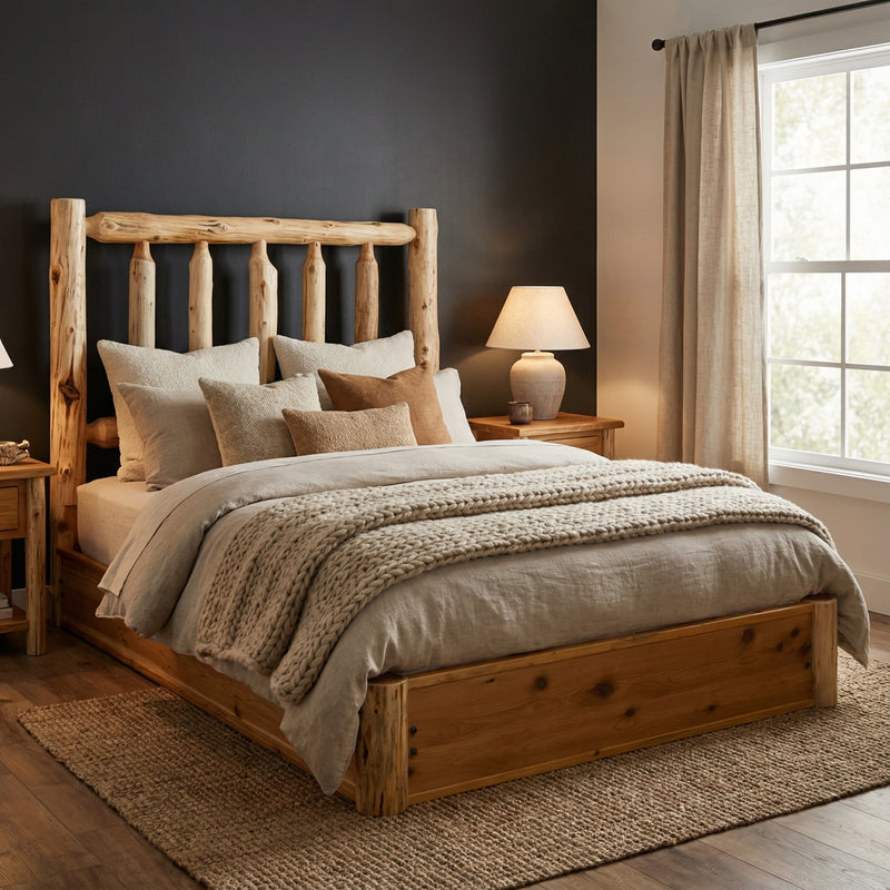 Grays Peak Cedar Log Platform Bed with layered neutral bedding beside a dark accent wall and window in a cozy bedroom