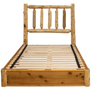Front view of the Grays Peak Cedar Log Platform Bed with log spindle headboard and solid cedar platform rails