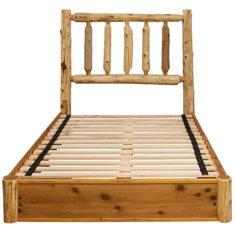 Front view of the Grays Peak Cedar Log Platform Bed with log spindle headboard and solid cedar platform rails