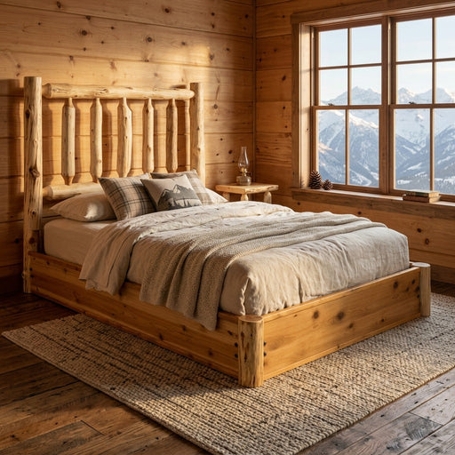 Grays Peak Cedar Log Platform Bed staged in a knotty pine cabin bedroom with a window overlooking snowy mountains
