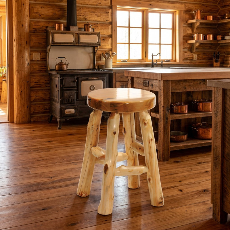 Graystone Peak Cedar Round Stool staged in a sunlit log cabin kitchen