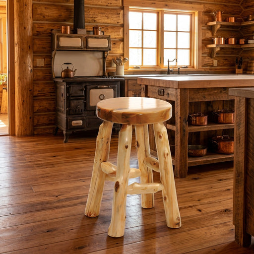 Graystone Peak Cedar Round Stool staged in a sunlit log cabin kitchen