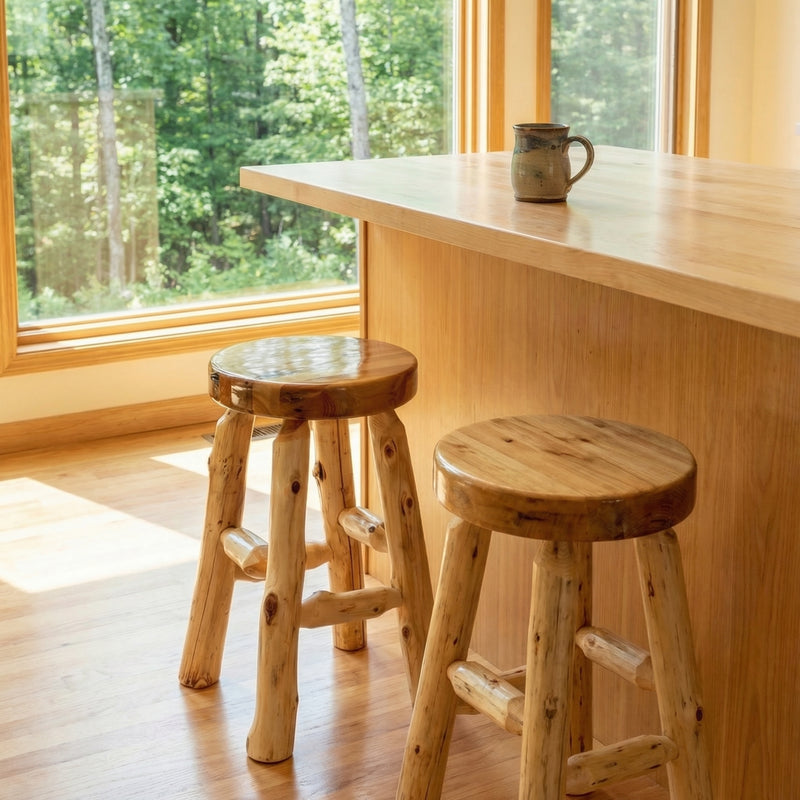 Graystone Peak Cedar Round Stool at a rustic kitchen counter