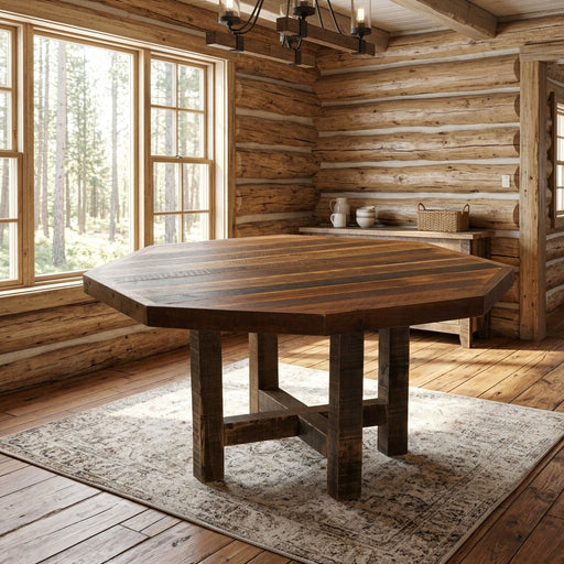 Green Mountain Reclaimed Barnwood Octagon Dining Table staged in a sunlit log cabin dining room