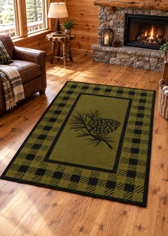 Green Pinecone Retreat Rug Living Room | The Cabin Shack