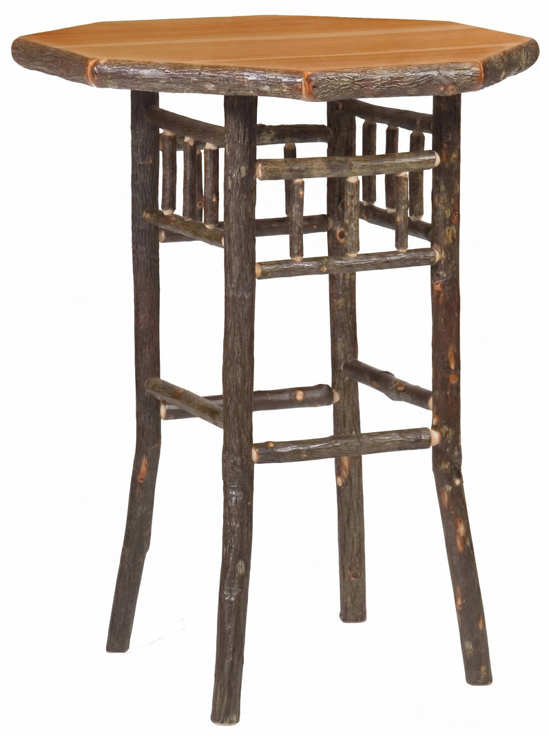 Angled view of the Greenhorn Mountain Hickory Log Round Pub Table showing bark-on trim