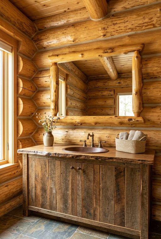 Grizzly Mountain Cedar Half Log Mirror staged in a sunlit log cabin bathroom