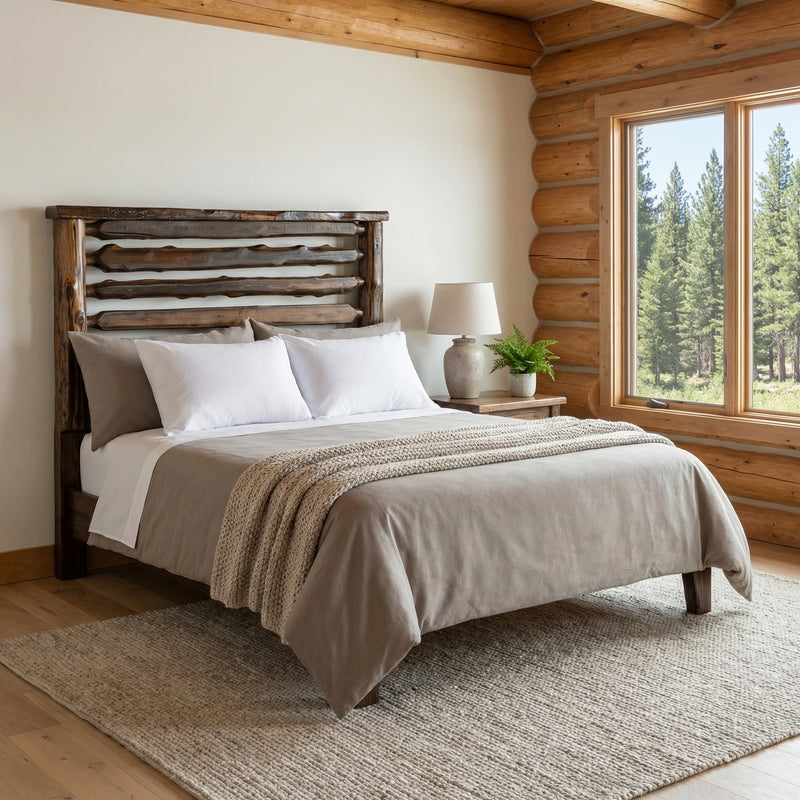 Grizzly Peak Cedar Live Edge Headboard in coffee stain in a log cabin bedroom with a pine forest window view