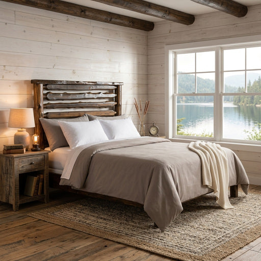 Grizzly Peak Cedar Live Edge Headboard in a whitewashed lakeside cabin bedroom with a lamp nightstand and lake view window