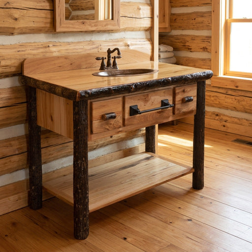 Hagar Mountain Hickory Log Two Drawer Open Vanity staged in a sunlit log cabin bathroom