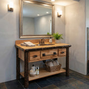 Hagar Mountain Hickory Log Two Drawer Open Vanity in Natural with towel bar in a bathroom
