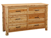 Angled view of the Hagerman Peak Cedar Log Dresser in Natural showing six drawers and cedar log posts