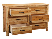 Angled view of the Hagerman Peak Cedar Log Dresser with three drawers open showing dovetailed cedar drawer boxes