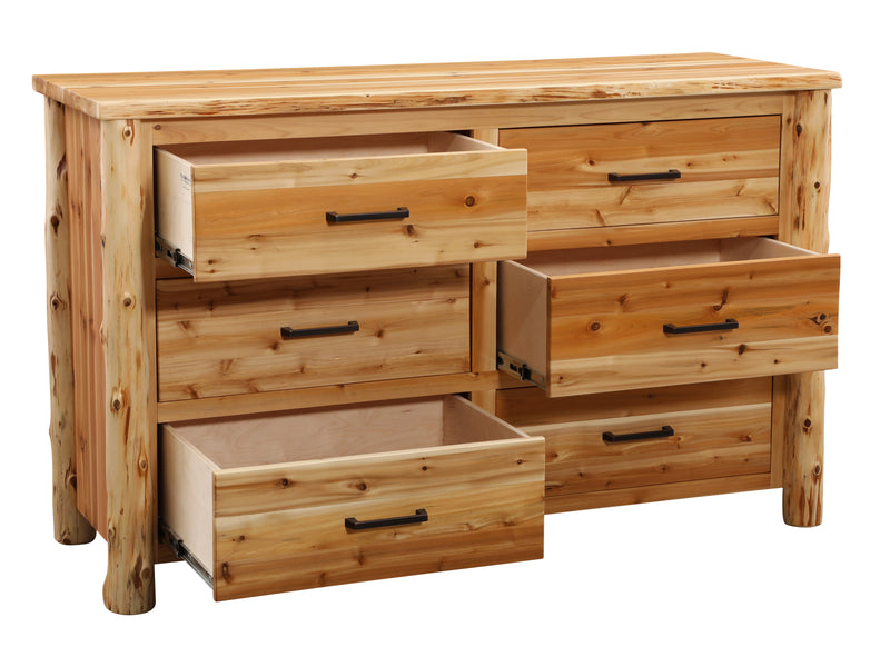 Angled view of the Hagerman Peak Cedar Log Dresser with three drawers open showing dovetailed cedar drawer boxes
