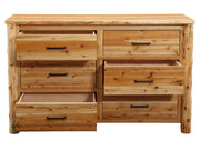 Front view of the Hagerman Peak Cedar Log Dresser with several drawers pulled out on soft-close glides