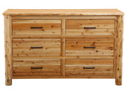 Front view of the Hagerman Peak Cedar Log Dresser with two columns of three drawers and bronze pulls