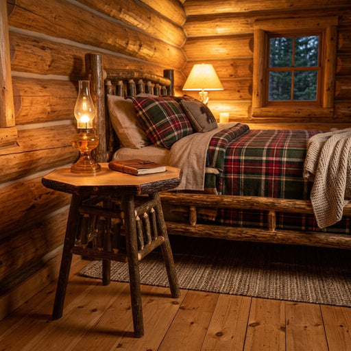 Hagues Peak Hickory Log Spindle Nightstand with a lantern beside a log bed in a warm cabin bedroom