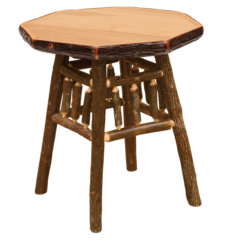 Hagues Peak Hickory Log Spindle Nightstand in Natural showing the eight-sided top and splayed hickory log legs