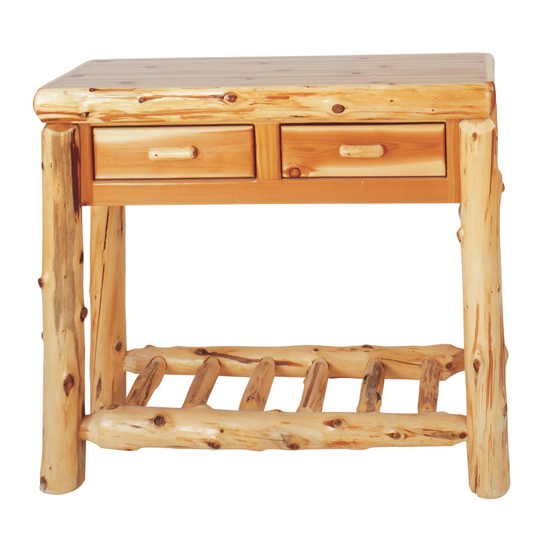 Angled view of the Half Peak Cedar Log Two Drawer Sofa Table