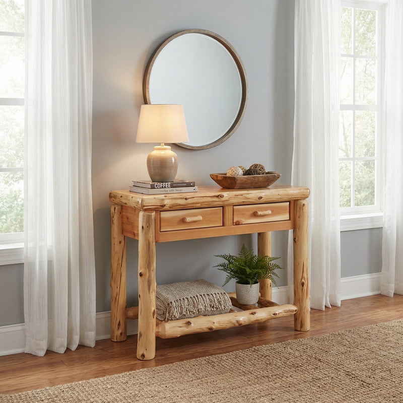 Half Peak Cedar Log Two Drawer Sofa Table in a rustic cabin living room