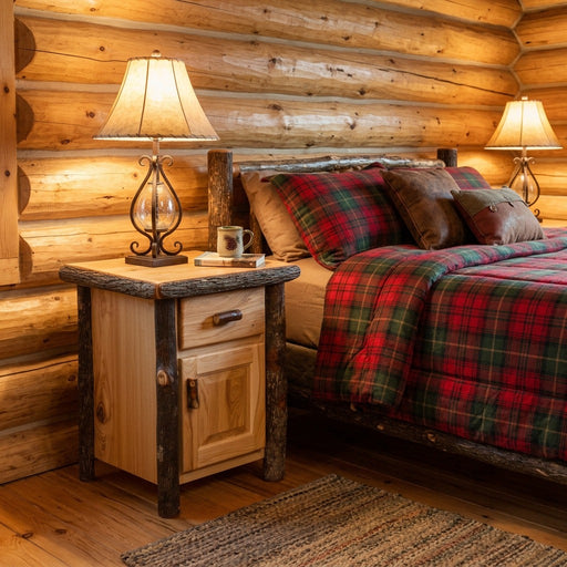 Hallett Peak Hickory Log Enclosed Nightstand with a lamp beside a plaid-covered log bed in a cabin bedroom