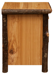 Side view of the Hallett Peak Hickory Log Enclosed Nightstand in Natural showing the hickory side panel