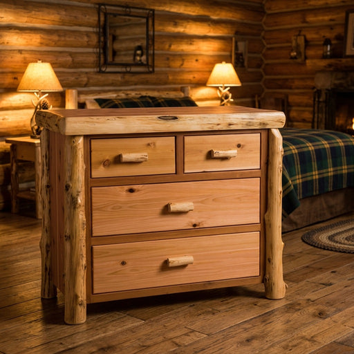 Handies Peak Cedar Log Four Drawer Low Boy staged in a log cabin bedroom with twin table lamps and a plaid bed
