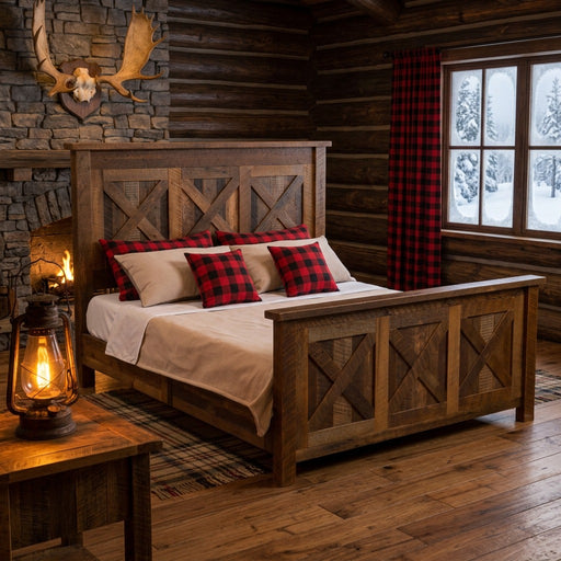 Hanging Lake Barnwood Barn Door Bed staged in a log cabin bedroom with stone wall, buffalo check pillows, and lantern light