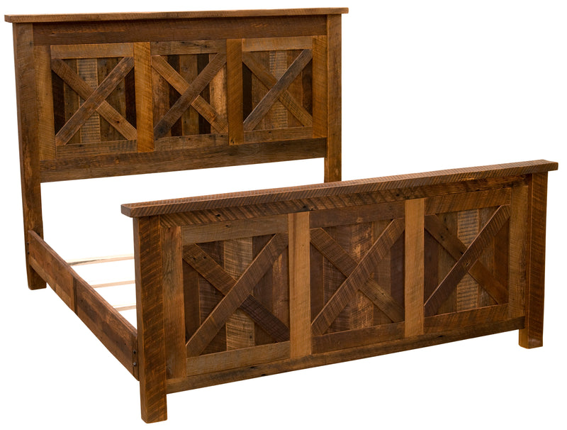 Angled frame view of the Hanging Lake Barnwood Barn Door Bed with hardwood side rails and slats