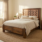 Hassell Peak Reclaimed Barnwood Chevron Bed with Rail System with layered bedding in a cozy bedroom