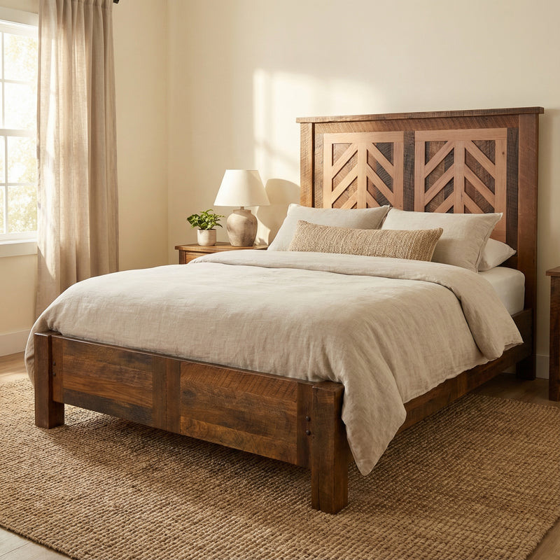 Hassell Peak Reclaimed Barnwood Chevron Bed with Rail System with layered bedding in a cozy bedroom