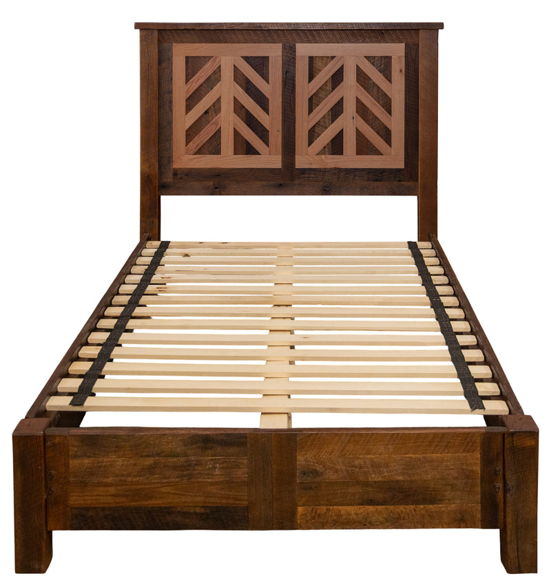 Second front view of the Hassell Peak Reclaimed Barnwood Chevron Bed with Rail System
