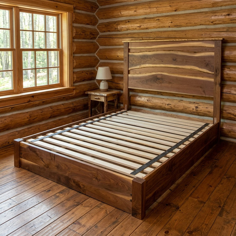 Hayden Peak Live Edge Walnut Platform Bed staged in a sunlit log cabin bedroom