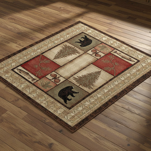 Rug with nature-themed design featuring bears, fish, and trees on a beige background.