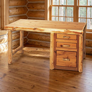 Hermit Peak Cedar Log File Desk staged in a sunlit log cabin home office