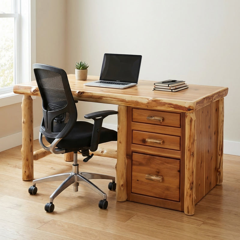 Hermit Peak Cedar Log File Desk in Natural with a right side file drawer