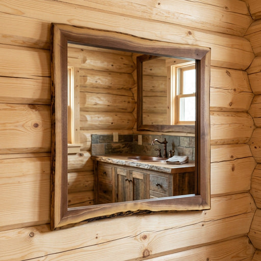 Hermosa Peak Black Walnut Live Edge Mirror staged in a sunlit log cabin bathroom