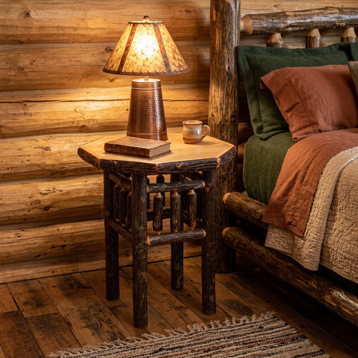 Hesperus Mountain Hickory Log Octagon Nightstand with a rawhide lamp beside a log bed in a cabin bedroom