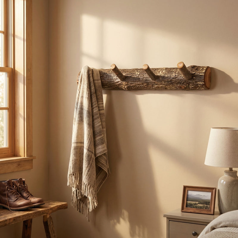 Hiamovi Mountain Hickory Log Wall Coat Rack with a throw hanging in a cabin entryway