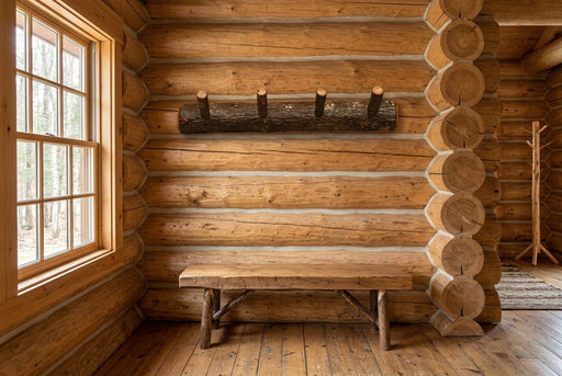 Hiamovi Mountain Hickory Log Wall Coat Rack staged in a sunlit log cabin entryway