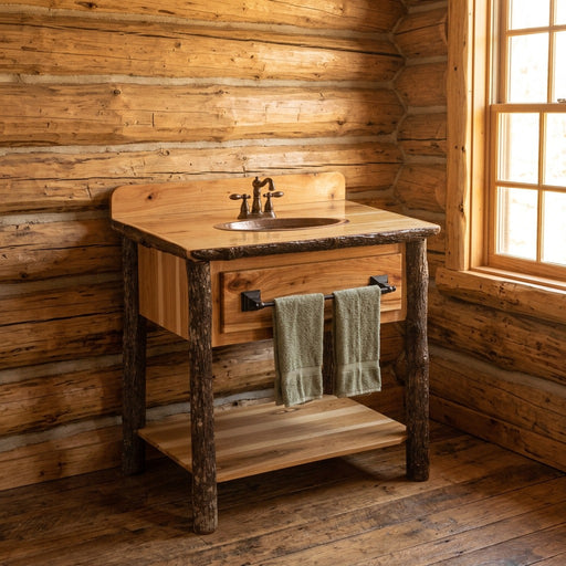 Homestake Peak Hickory Log Open Vanity staged in a sunlit log cabin bathroom