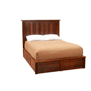 Angled view of the Hoosier Ridge Reclaimed Barnwood Underbed Dresser installed under a barnwood bed with three drawers closed