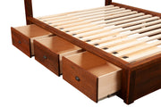 Close-up of the Hoosier Ridge Reclaimed Barnwood Underbed Dresser drawers pulled out under the bed slats