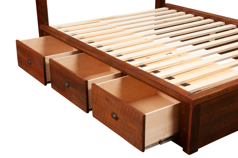 Close-up of the Hoosier Ridge Reclaimed Barnwood Underbed Dresser drawers pulled out under the bed slats