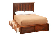 Angled view of the Hoosier Ridge Reclaimed Barnwood Underbed Dresser with three drawers pulled out beneath a barnwood bed