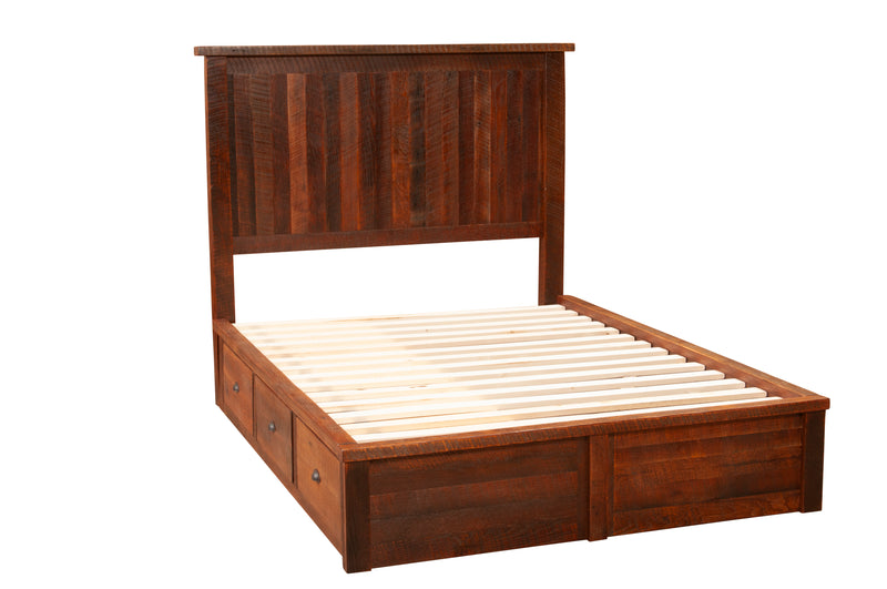 Close-up of the Hoosier Ridge Reclaimed Barnwood Underbed Dresser under a barnwood bed frame with slats