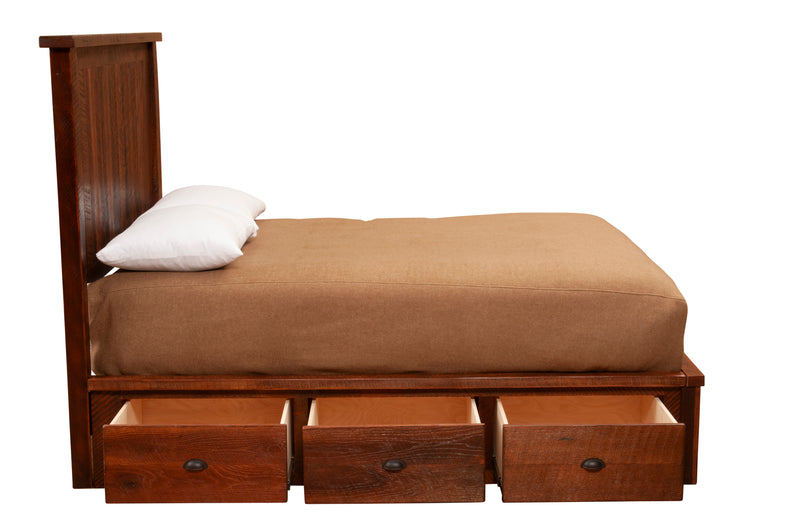 Side view of the Hoosier Ridge Reclaimed Barnwood Underbed Dresser with all three drawers open