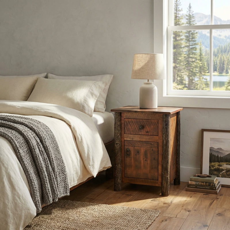 Horseshoe Mountain Barnwood and Hickory Enclosed Nightstand with a lamp beside a bed with a striped throw near a window