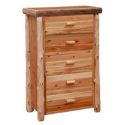Angled view of the Humboldt Peak Cedar Log Five Drawer Chest showing five drawers with cedar log pulls